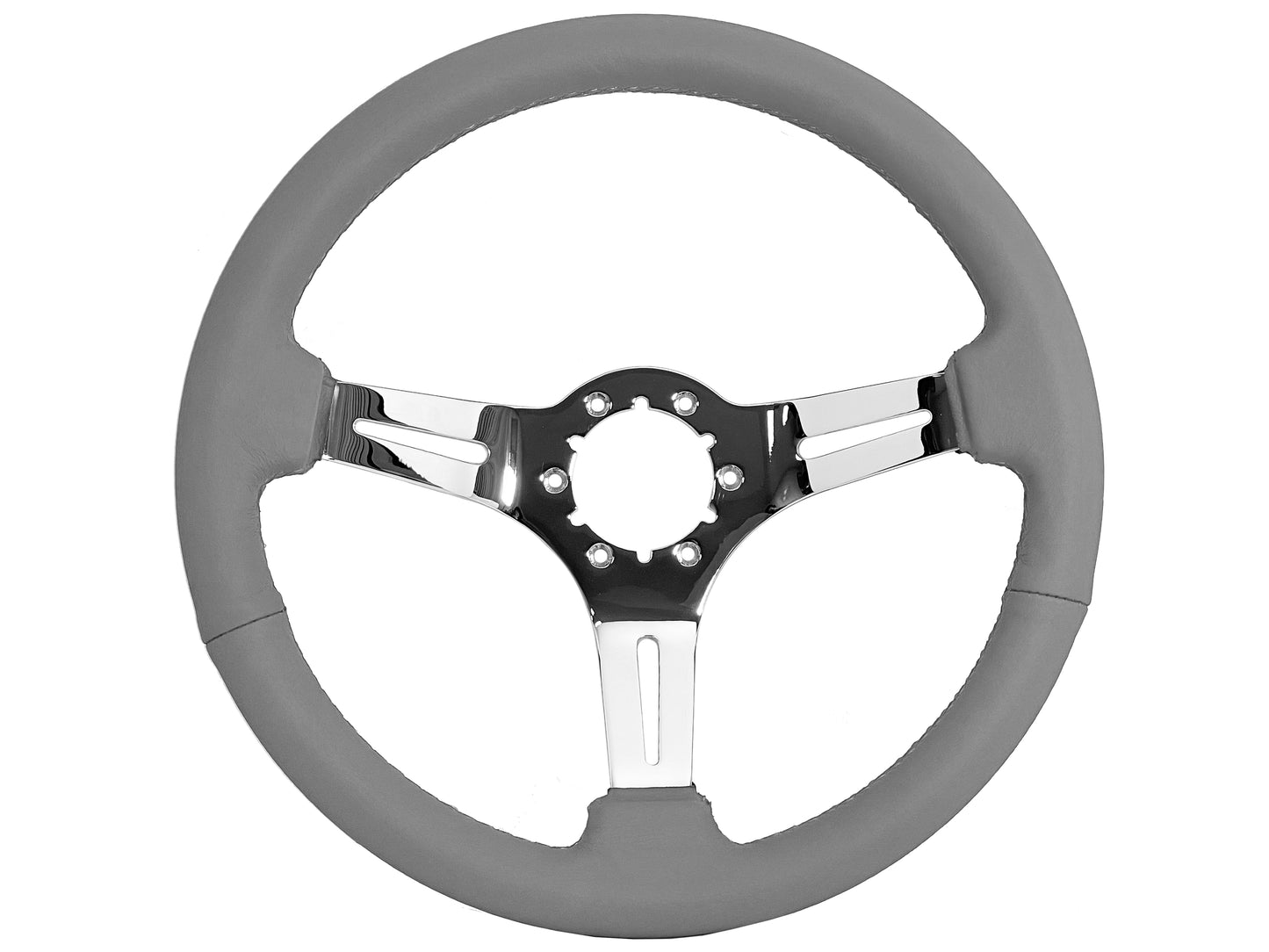 14" Gray Leather Steering Wheel, 6-Bolt Chrome Spokes