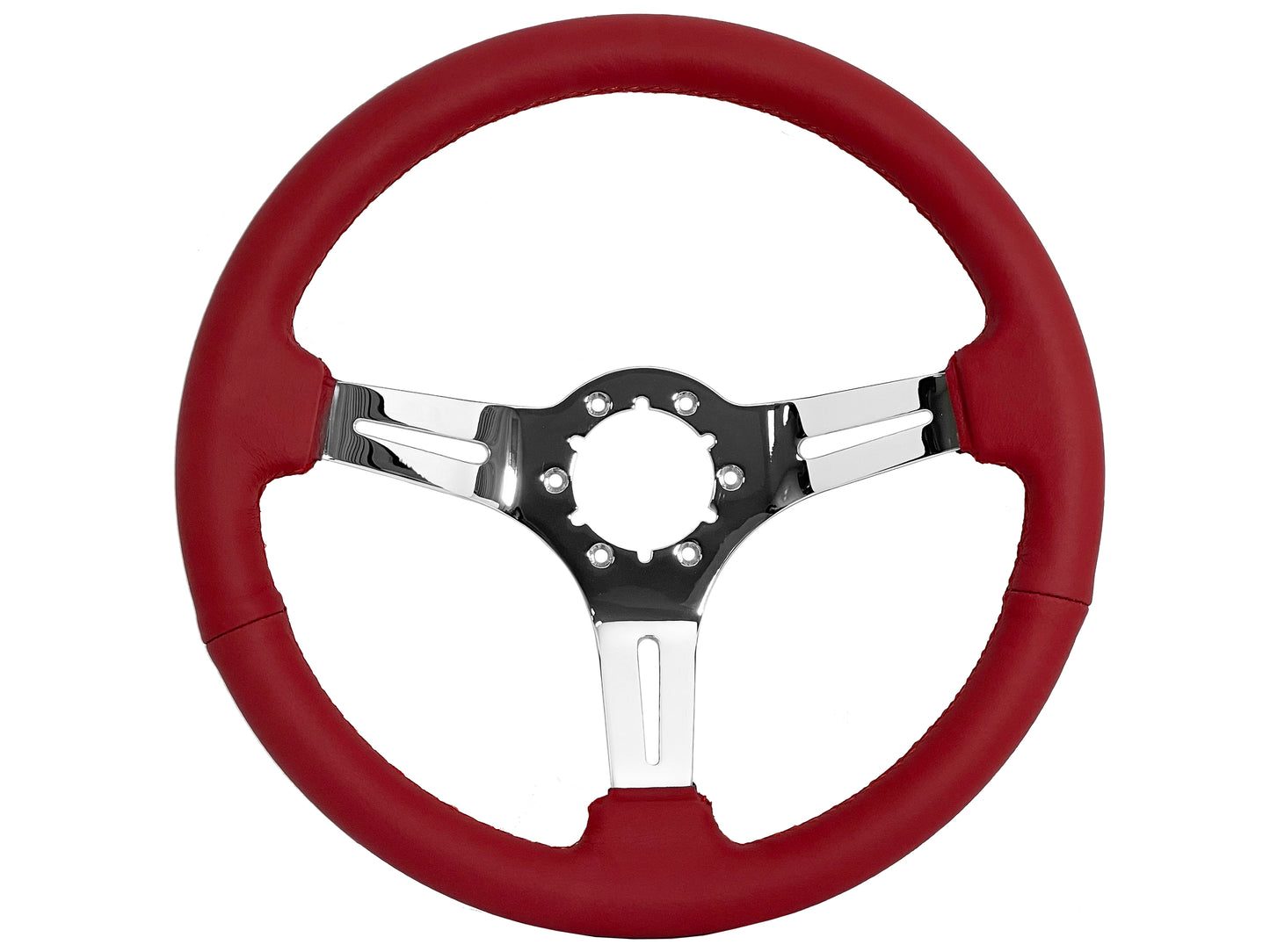 14" Red Leather Steering Wheel, 6-Bolt Chrome Spokes