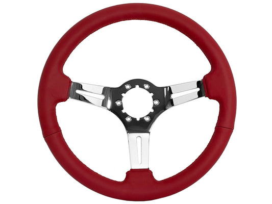 14" Red Leather Steering Wheel, 6-Bolt Chrome Spokes