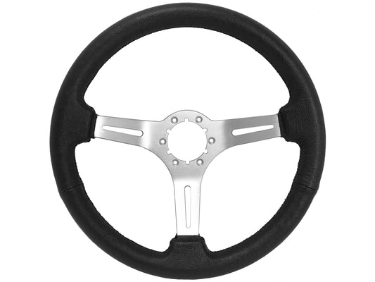 14" Black Leather Steering Wheel, 6-Bolt Brushed Aluminum Spokes