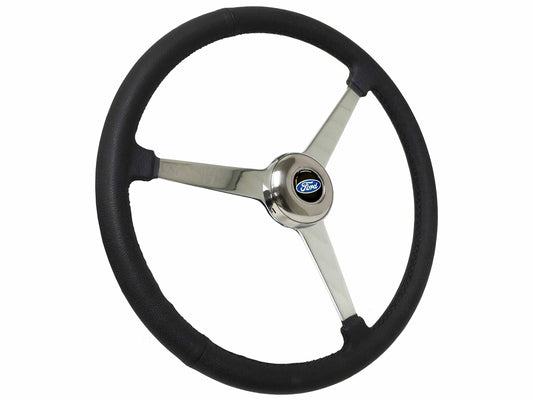15" Leather 3-Bolt Sprint Steering Wheel Ford Kit, 3-Spoke with Holes