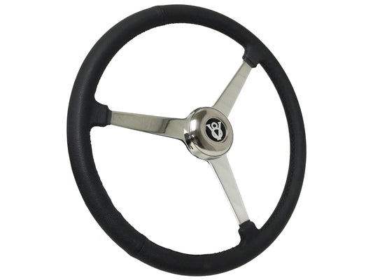 15" Leather 3-Bolt Sprint Steering Wheel Hot Rod V8 Kit, Solid 3-Spoke