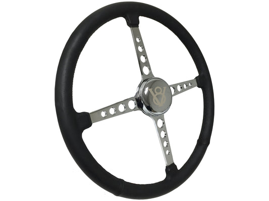 15" Leather 3-Bolt Sprint Steering Wheel Etched V8 Kit, 4-Spoke with Holes