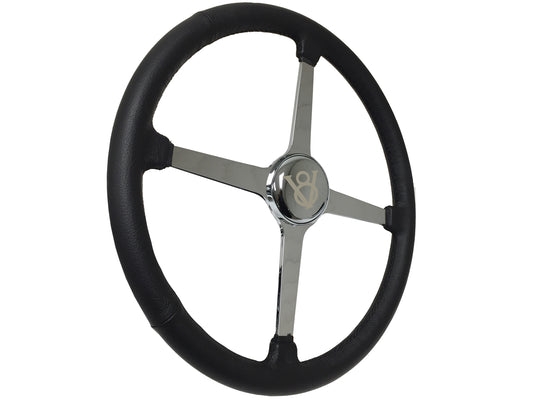 15" Leather 3-Bolt Sprint Steering Wheel Etched V8 Kit, Solid 4-Spoke