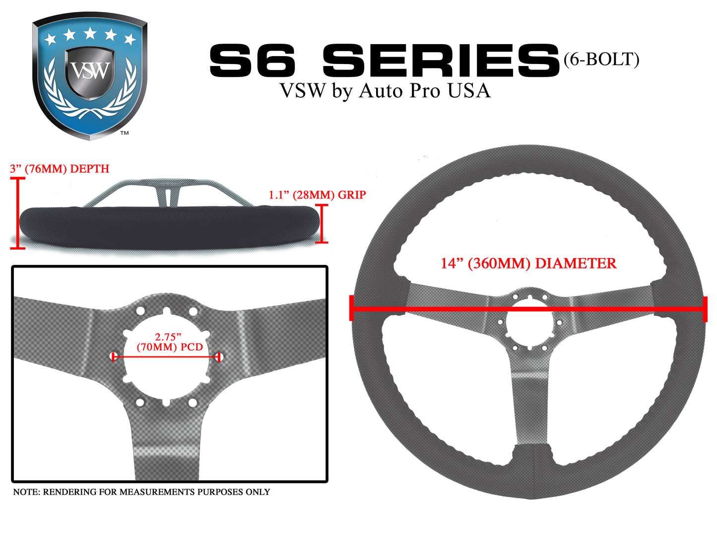 14" Red Leather Steering Wheel, 6-Bolt Solid Powder Coated Spokes