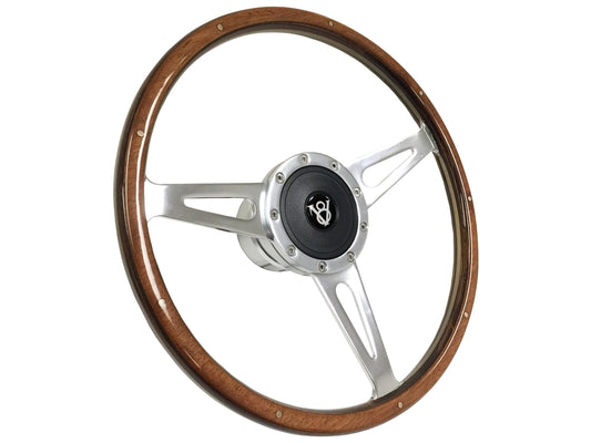 15" Deluxe Walnut Wood 9-Bolt Steering Wheel & Hot Rod V8 Horn Button