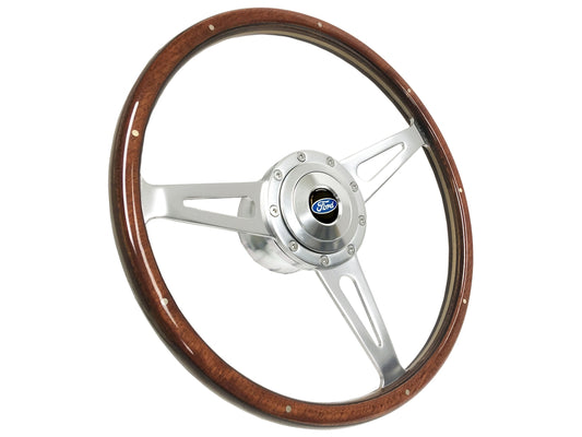 15" Deluxe Walnut Wood 9-Bolt Steering Wheel & Ford Billet Horn Button