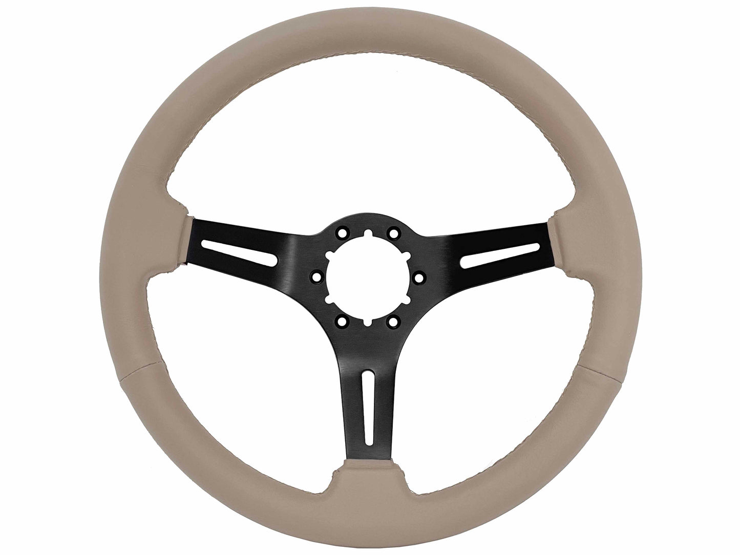 14" Tan Leather Steering Wheel, 6-Bolt Black Aluminum Spokes