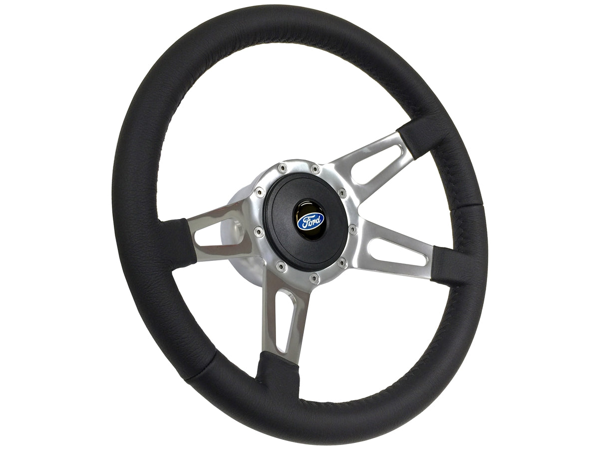 14" Leather 9-Bolt Steering Wheel Ford Script Kit, Slotted 4-Spoke