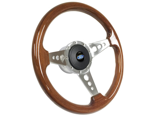 14" Walnut Wood 9-Bolt Steering Wheel Ford Script Kit, Holes Design
