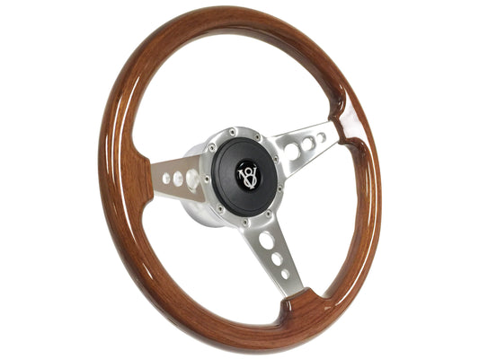 14" Walnut Wood 9-Bolt Steering Wheel Hot Rod V8 Kit, 3-Poke Holes