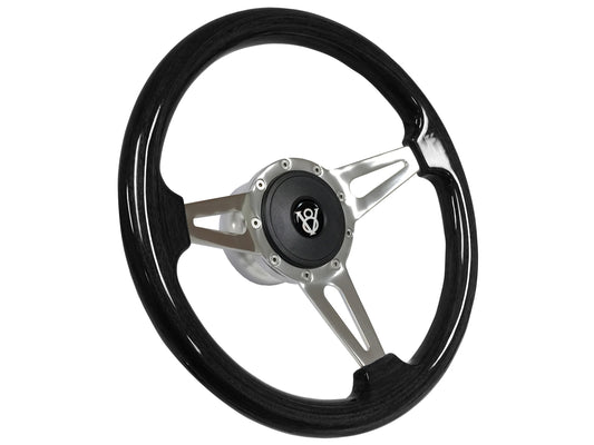14" Black Ash Wood 9-Bolt Steering Wheel Hot Rod V8 Kit, 3-Spoke Slots