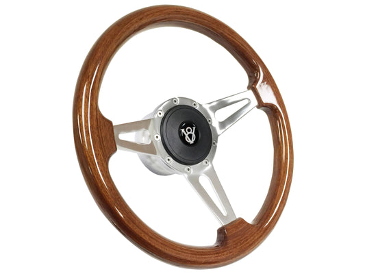 14" Walnut Wood 9-Bolt Steering Wheel Hot Rod V8 Kit, Slotted 3-Spoke