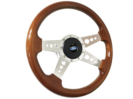 14" Walnut Wood 9-Bolt Steering Wheel Ford Kit, 4-Spoke Holes