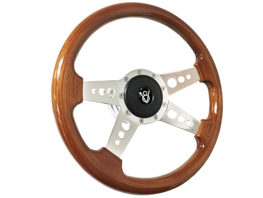 14" Walnut Wood 9-Bolt Steering Wheel Hot Rod V8 Kit, 4-Spoke Holes