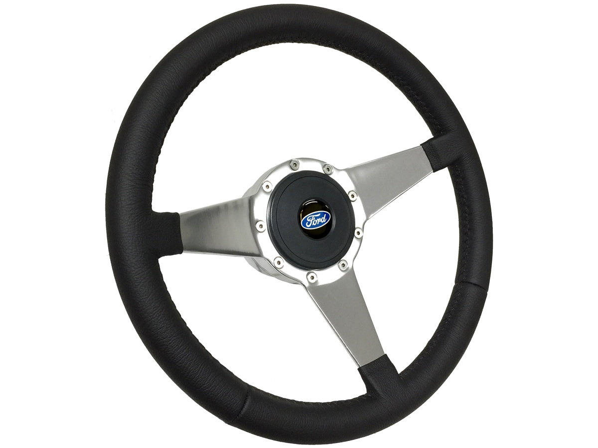 14" Leather 9-Bolt Steering Wheel Ford Script Kit, Solid 3-Spoke