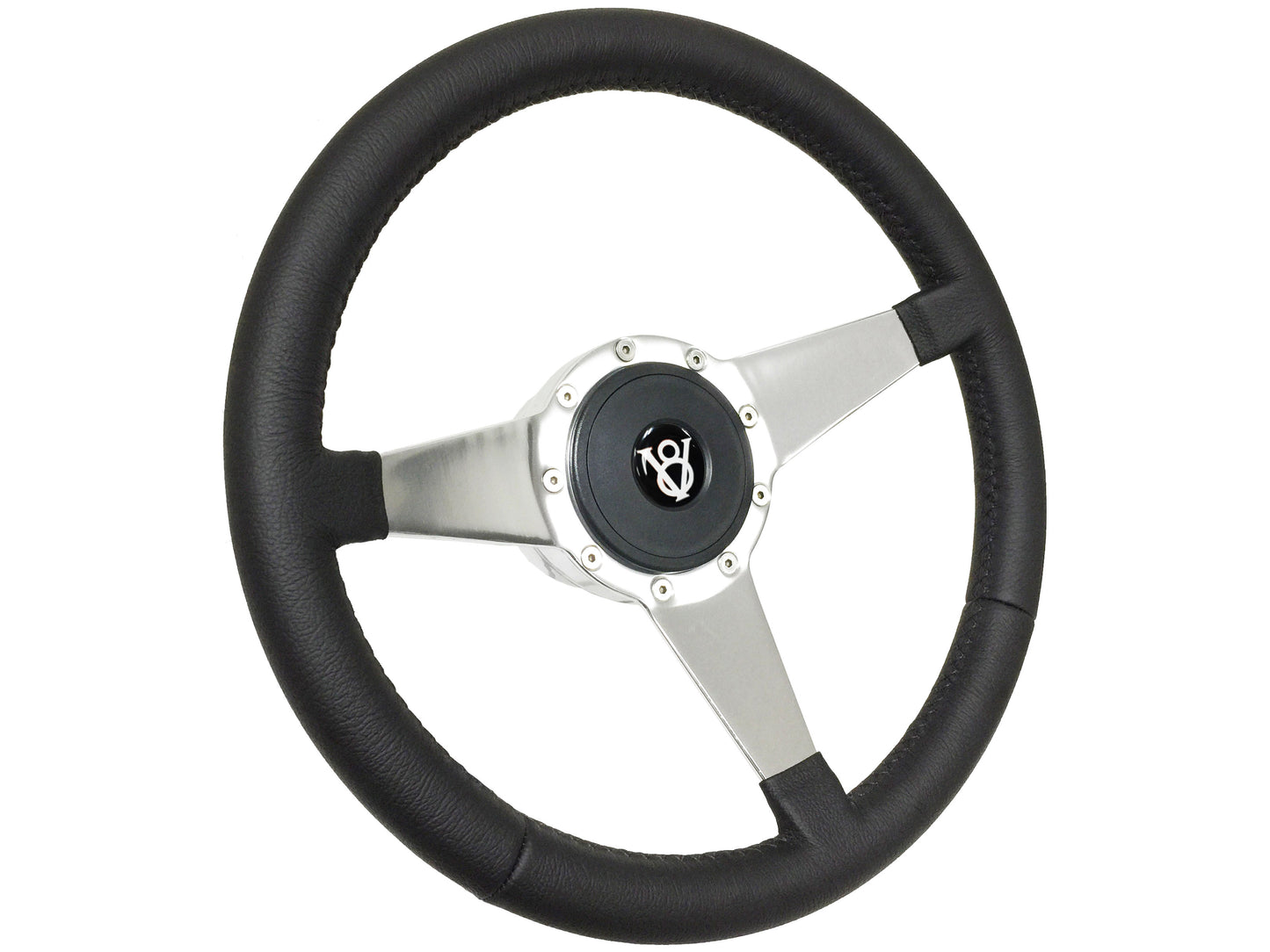 14" Leather 9-Bolt Steering Wheel Hot Rod V8 Kit, Solid 3-Spoke