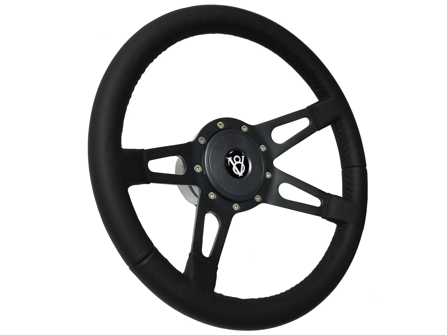 14" Leather 9-Bolt Steering Wheel Hot Rod V8 Black Kit, Slotted 4-Spoke