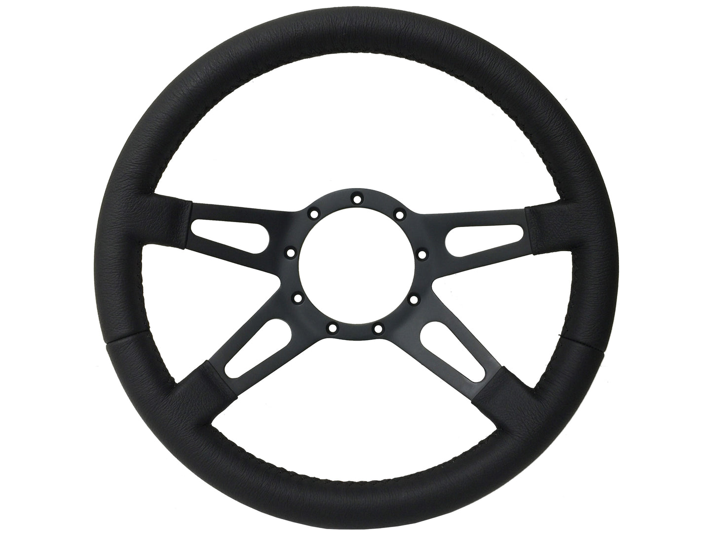 Premium Leather 9-Bolt Steering Wheel, Black Slotted Four Spoke