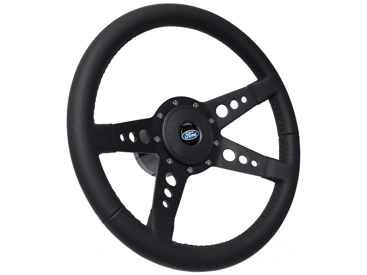 14" Leather 9-Bolt Steering Wheel Ford Script Black Kit, 4-Spoke Holes