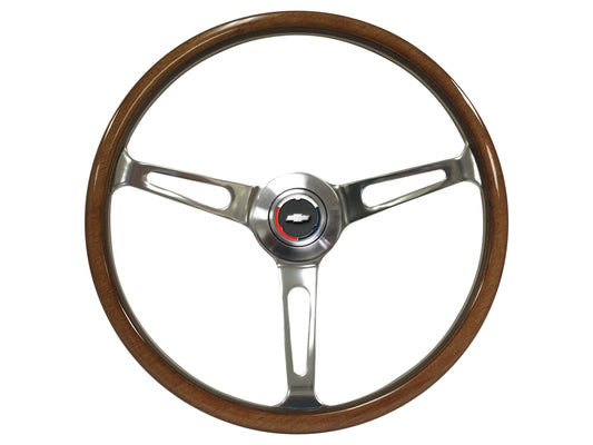 15" Deluxe Walnut Wood Steering Wheel & Tri-Color Chevy Bow Tie Horn Cap