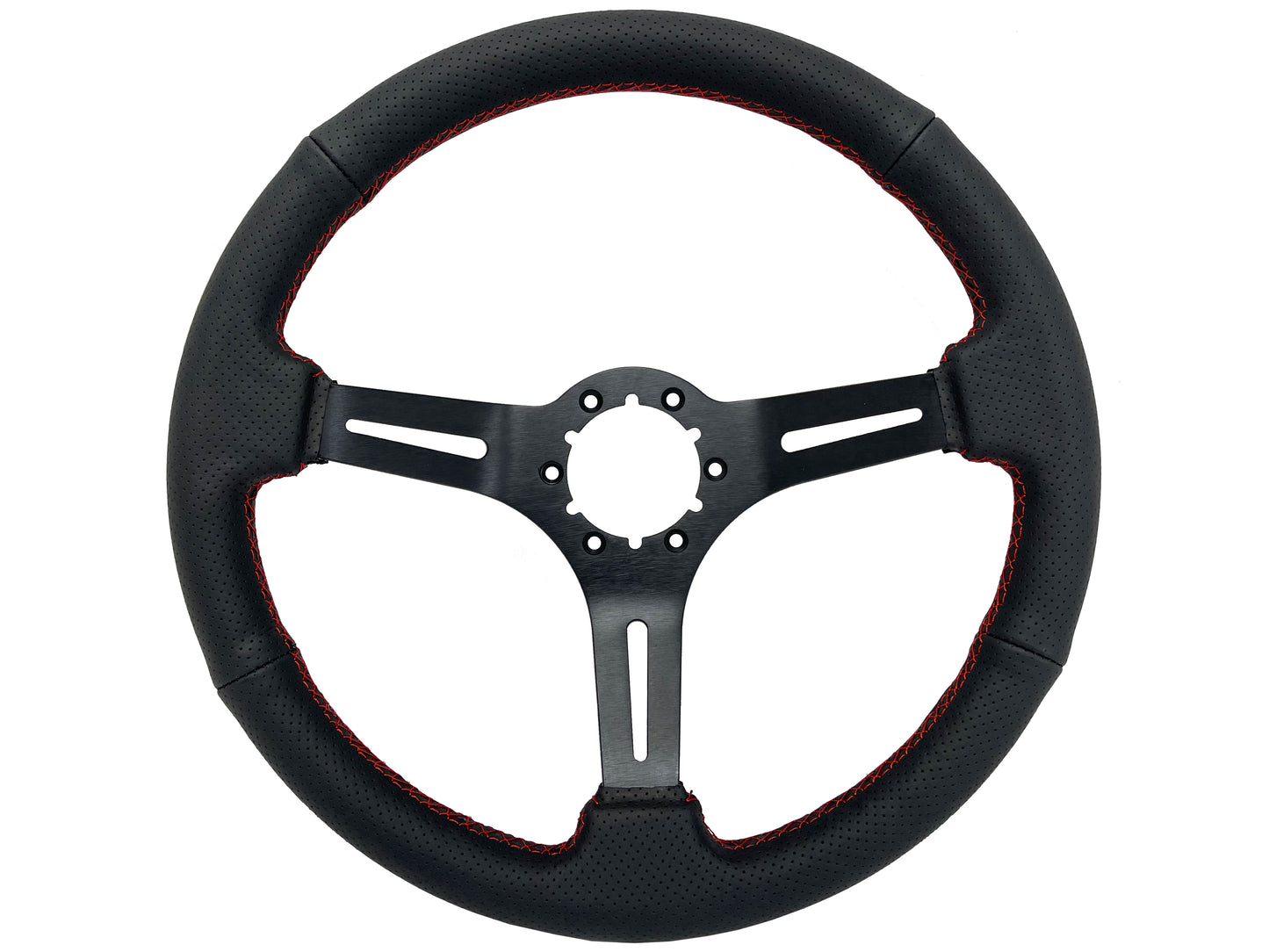 14" Perforated Leather 6-Bolt Steering Wheel, Black Spokes, Red Stitch
