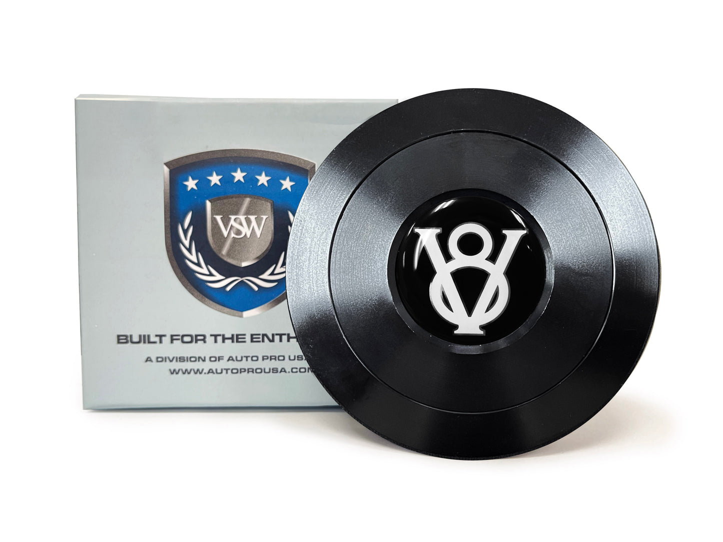 VSW 9-Bolt Black Billet Horn Button, Hot Rod V8 Gel Emblem