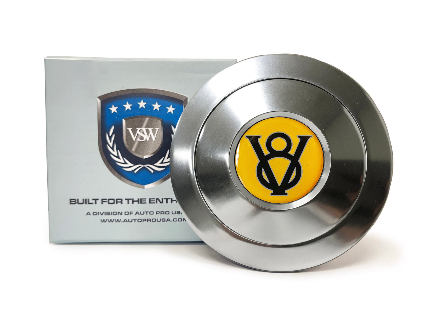 VSW 9-Bolt Billet Horn Button, Yellow Hot Rod V8 Gel Emblem