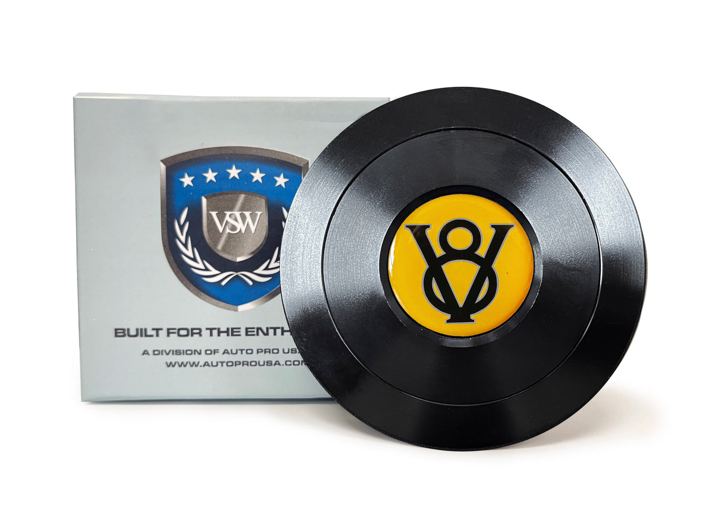 VSW 9-Bolt Black Billet Horn Button, Yellow Hot Rod V8 Gel Emblem