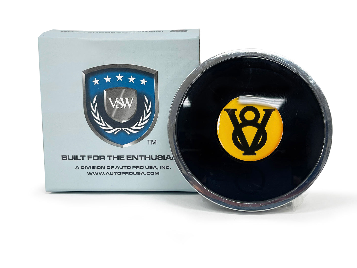 VSW 6-Bolt Deluxe Horn Button, Yellow Hot Rod V8 Emblem