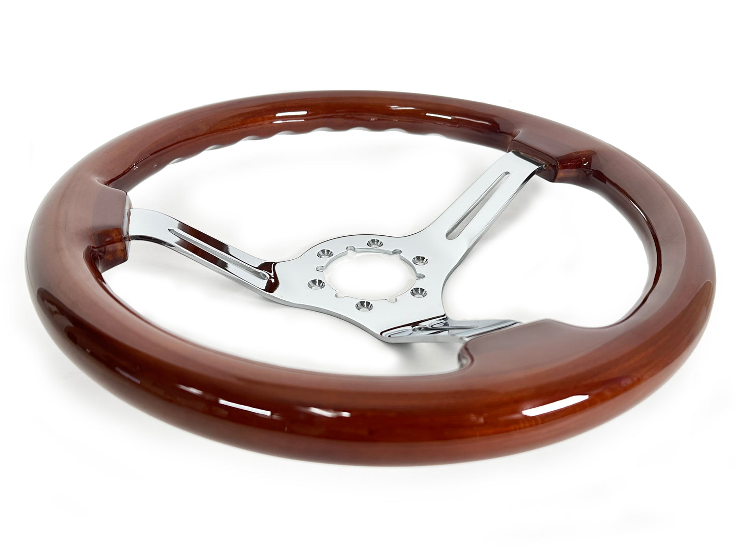 14" Mahogany Wood Steering Wheel, 6-Bolt Chrome Spokes