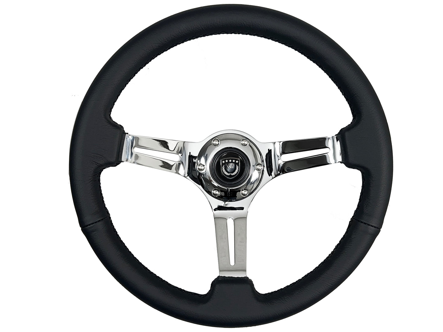 14" Black Leather Steering Wheel, 6-Bolt Chrome Spokes