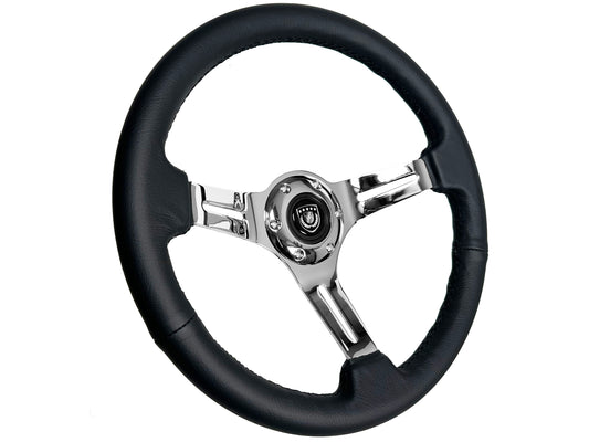 14" Black Leather Steering Wheel, 6-Bolt Chrome Spokes