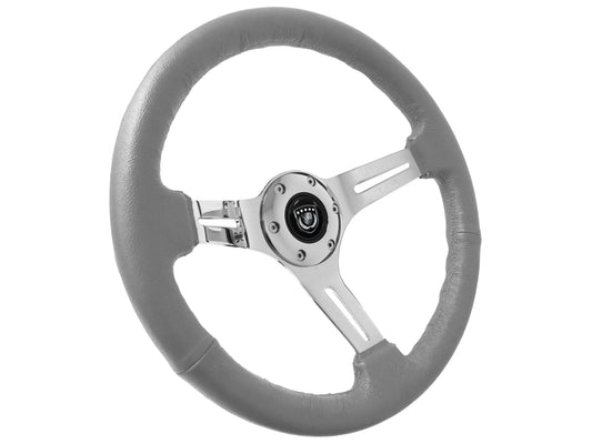 14" Gray Leather Steering Wheel, 6-Bolt Chrome Spokes