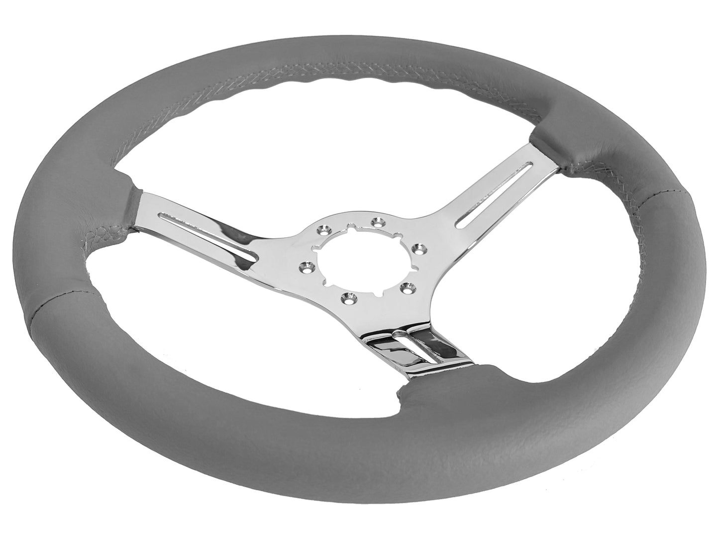 14" Gray Leather Steering Wheel, 6-Bolt Chrome Spokes