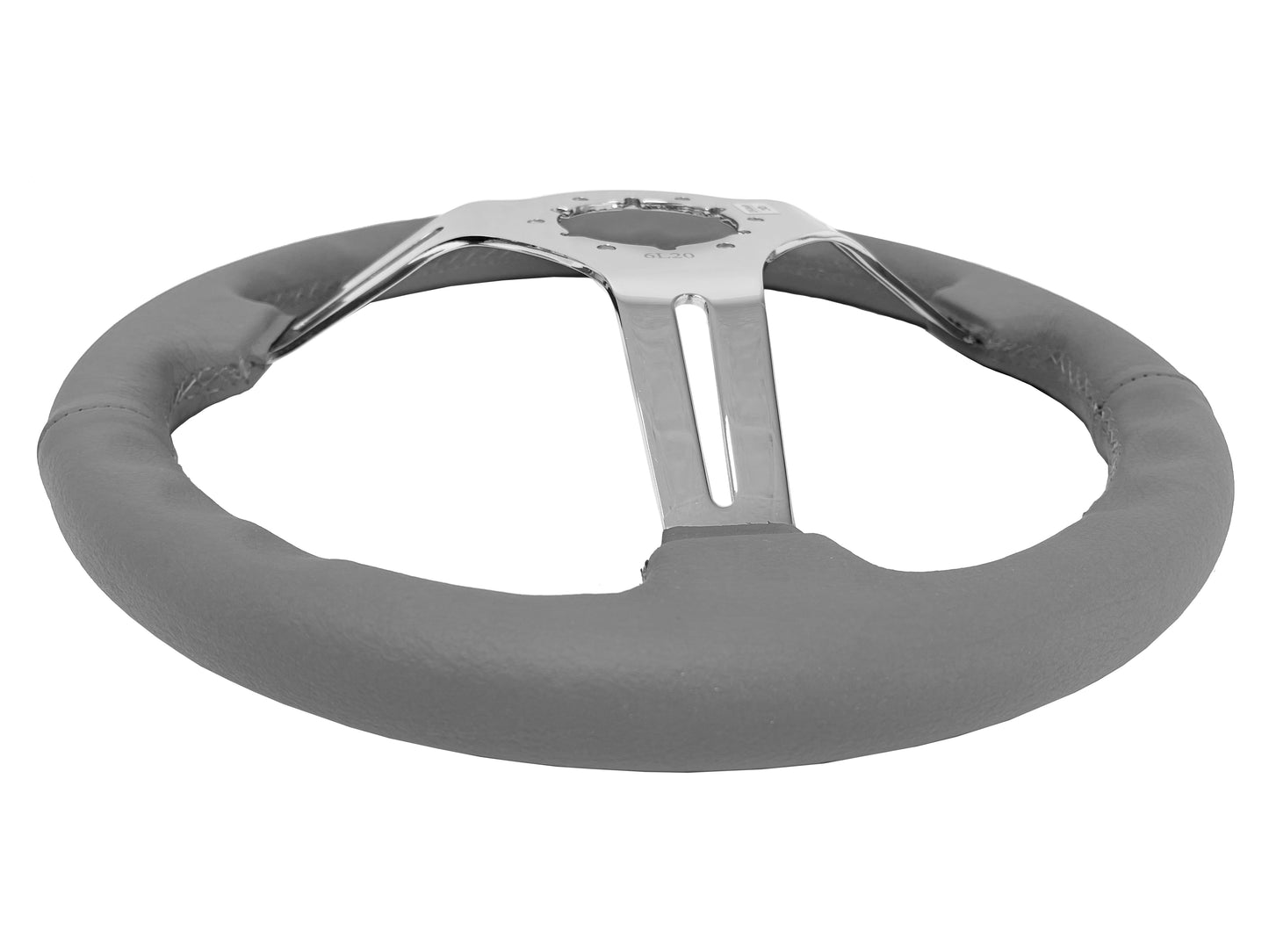 14" Gray Leather Steering Wheel, 6-Bolt Chrome Spokes