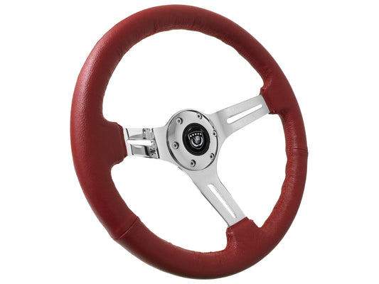 14" Red Leather Steering Wheel, 6-Bolt Chrome Spokes