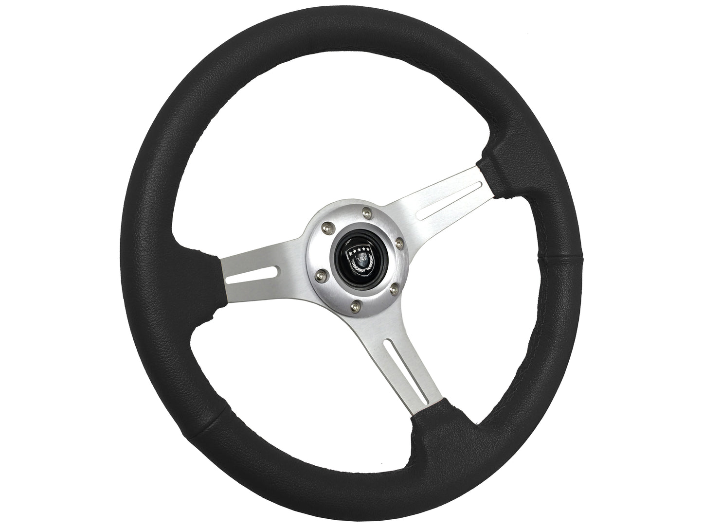 14" Black Leather Steering Wheel, 6-Bolt Brushed Aluminum Spokes