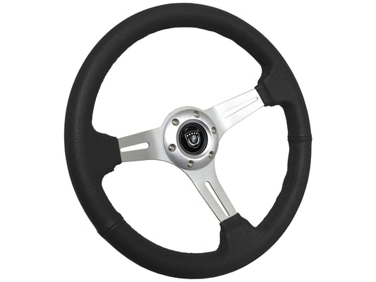 14" Black Leather Steering Wheel, 6-Bolt Brushed Aluminum Spokes