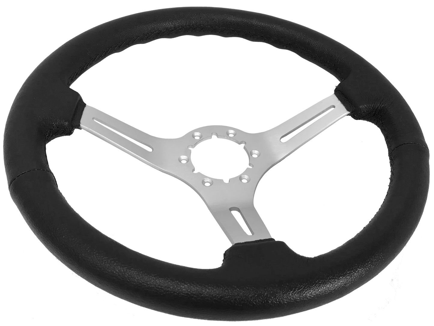 14" Black Leather Steering Wheel, 6-Bolt Brushed Aluminum Spokes