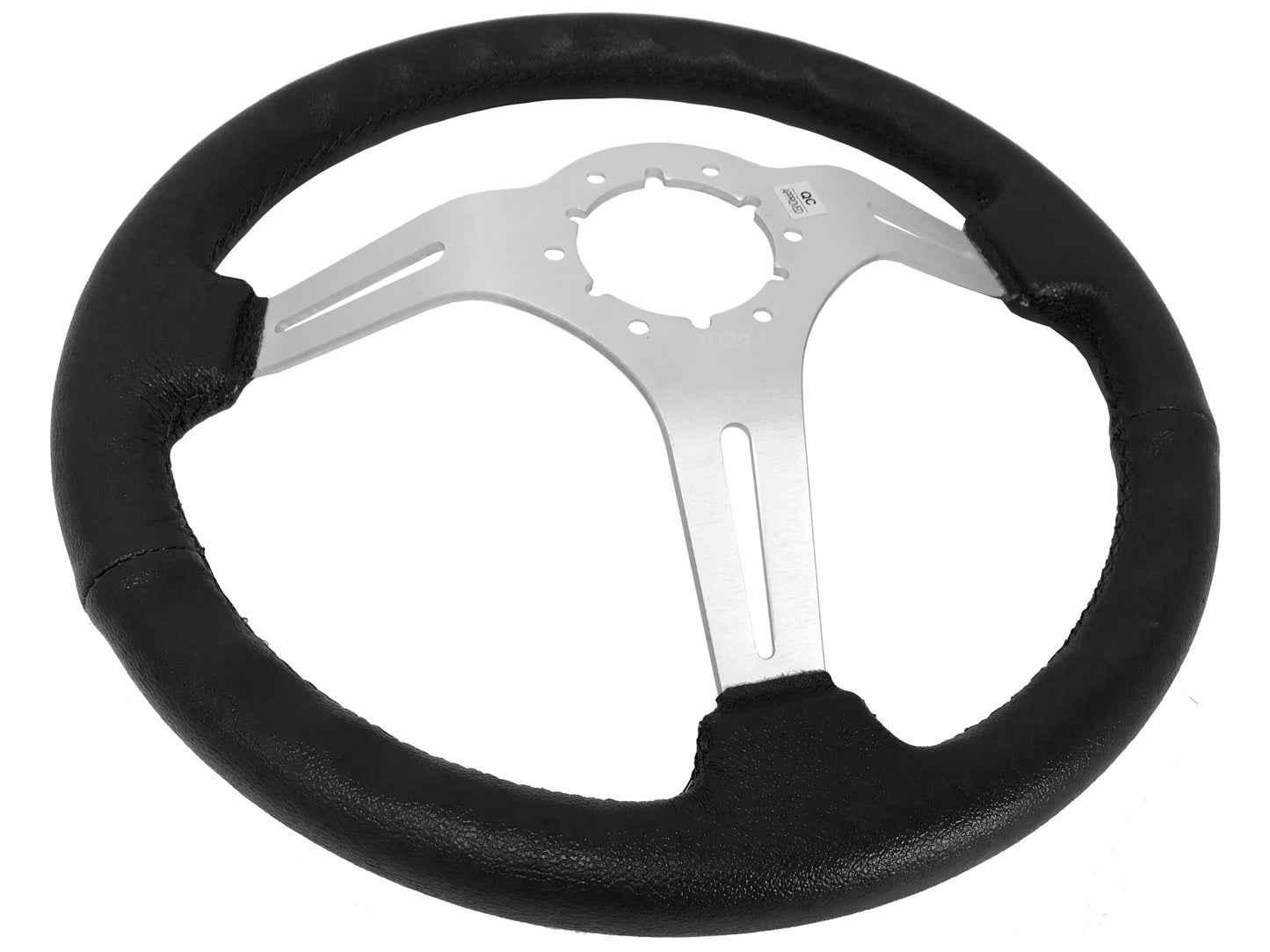 14" Black Leather Steering Wheel, 6-Bolt Brushed Aluminum Spokes