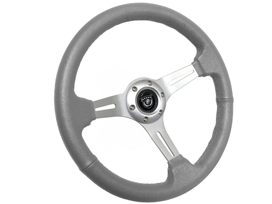 14" Gray Leather Steering Wheel, 6-Bolt Brushed Aluminum Spokes