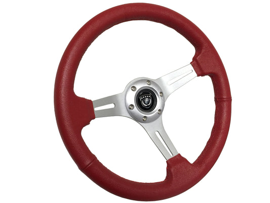 14" Red Leather Steering Wheel, 6-Bolt Brushed Aluminum Spokes