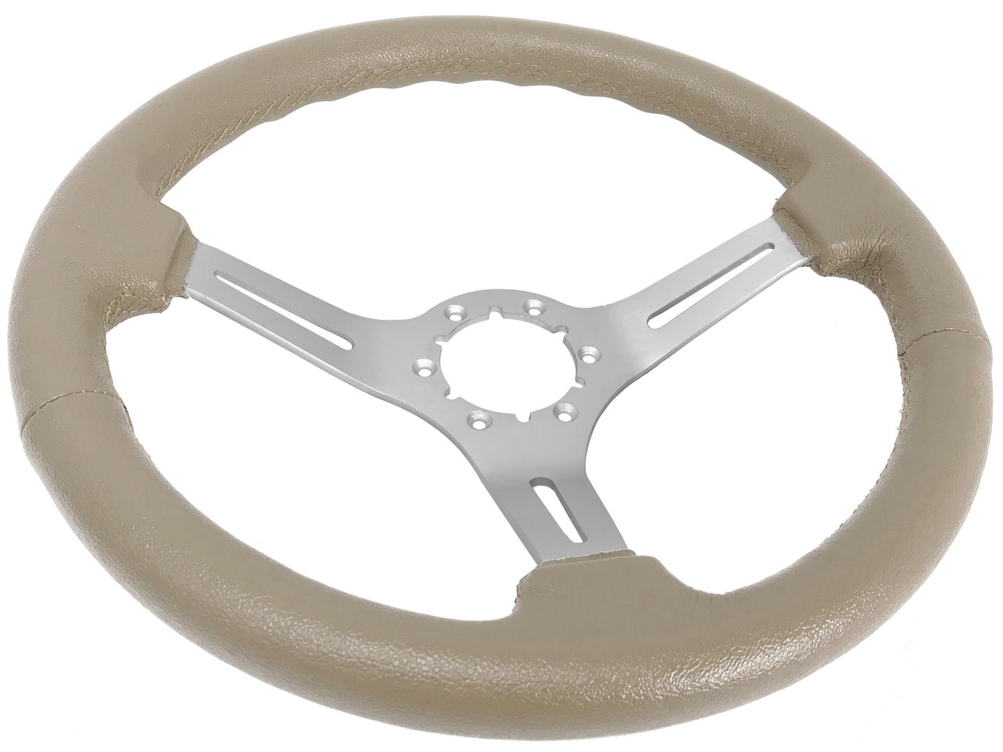 14" Tan Leather Steering Wheel, 6-Bolt Brushed Aluminum Spokes
