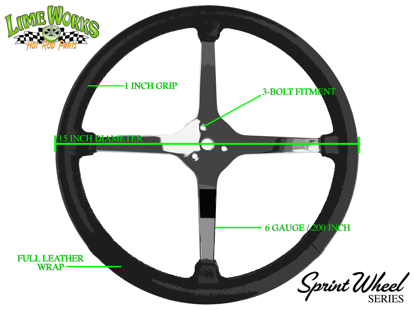 15" Leather 3-Bolt Sprint Steering Wheel Mercury Head Kit, 3-Spoke with Holes