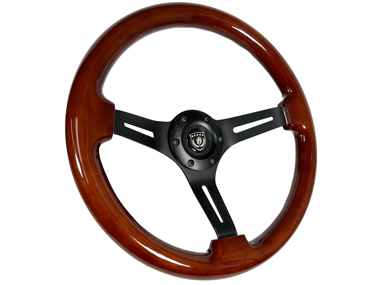 14" Mahogany Wood Steering Wheel, 6-Bolt Black Aluminum Spokes
