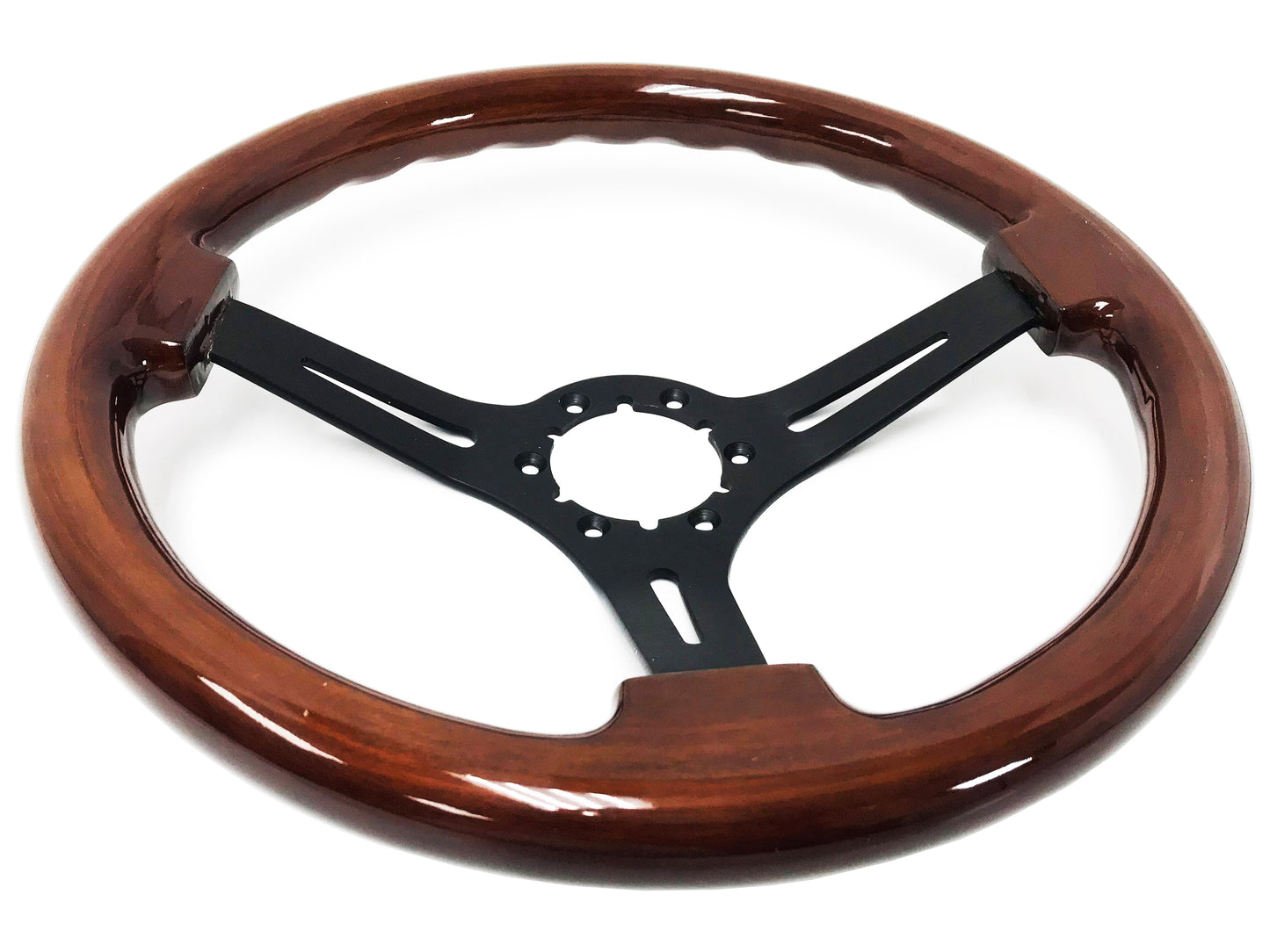 14" Mahogany Wood Steering Wheel, 6-Bolt Black Aluminum Spokes