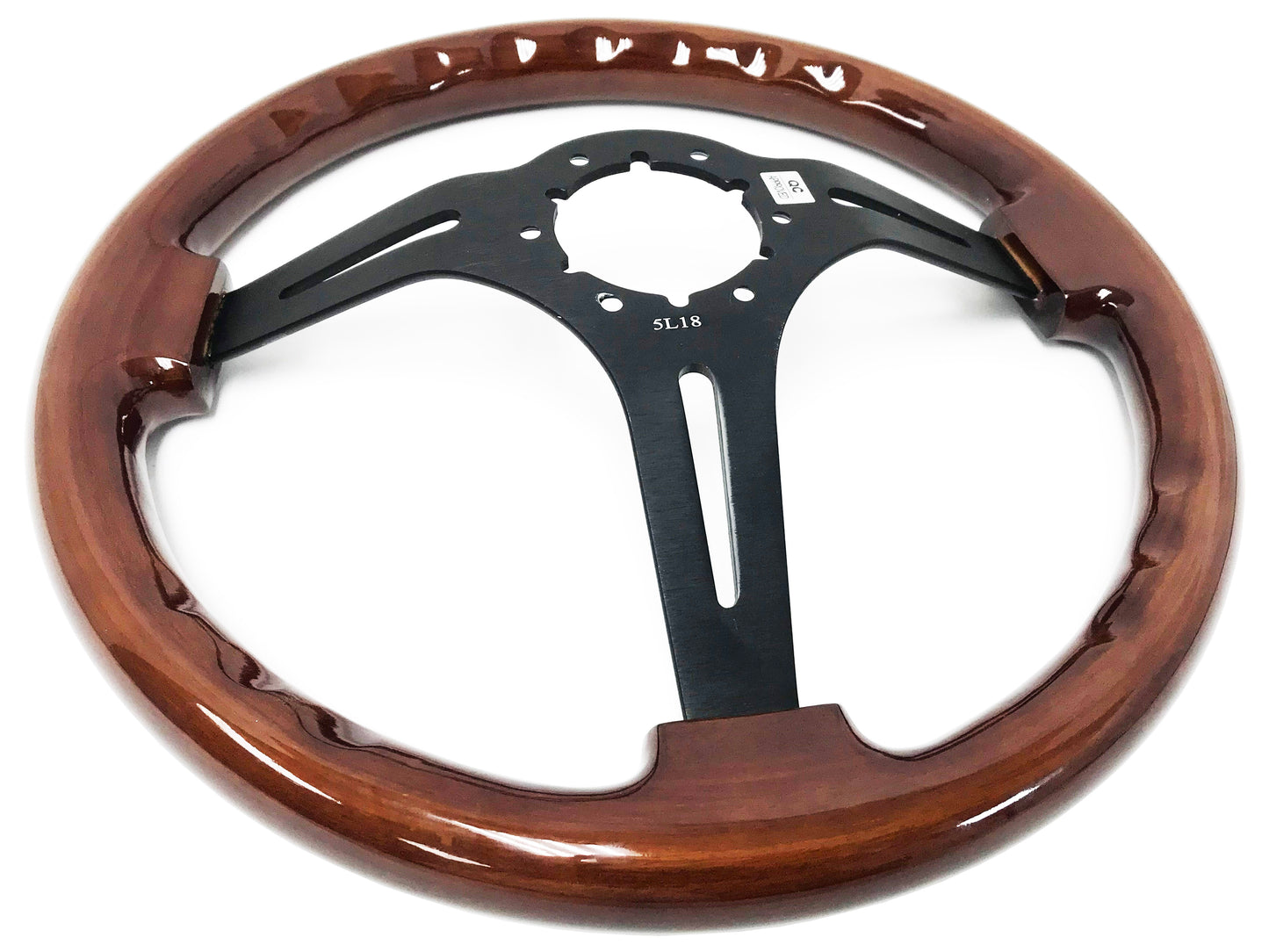 14" Mahogany Wood Steering Wheel, 6-Bolt Black Aluminum Spokes