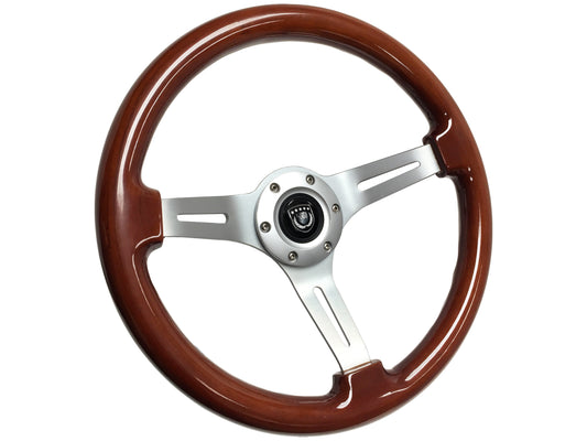 14" Mahogany Wood Steering Wheel, 6-Bolt Brushed Aluminum Spokes