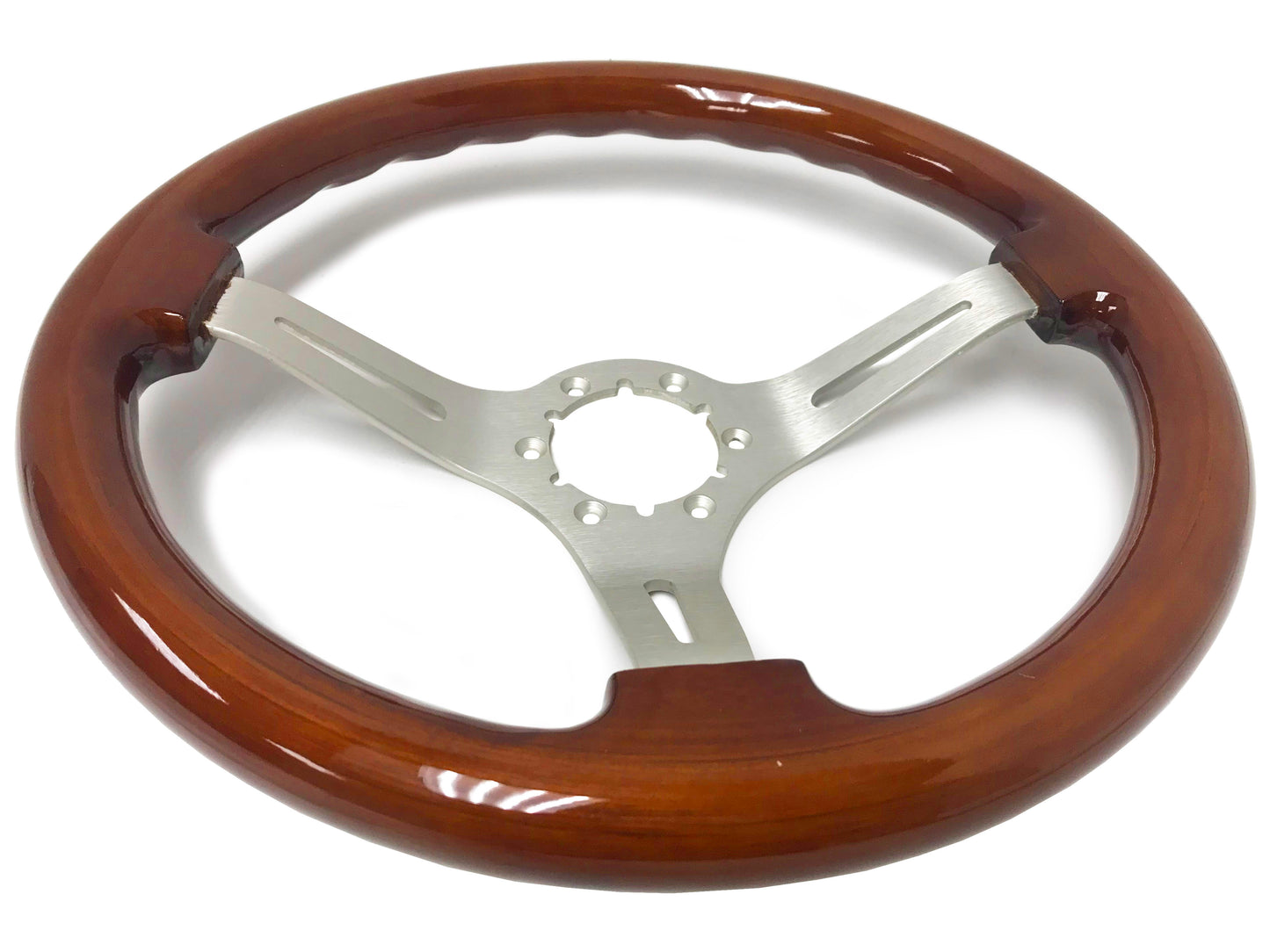 14" Mahogany Wood Steering Wheel, 6-Bolt Brushed Aluminum Spokes